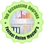 A student studying at a computer with the text "Online Master's Degree in Accounting" overlaid