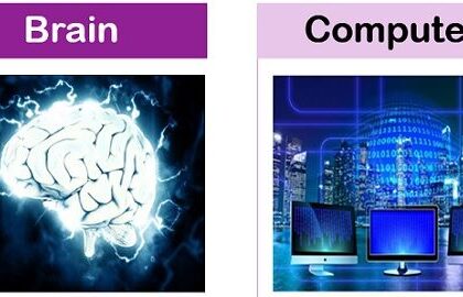 A visually striking image showing a human brain on one side and a modern computer motherboard on the other, connected by glowing digital lines.