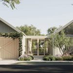 A modern new construction home next to a classic, charming existing home in an Australian suburb, with a real estate agent in the foreground.