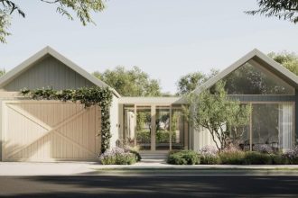A modern new construction home next to a classic, charming existing home in an Australian suburb, with a real estate agent in the foreground.