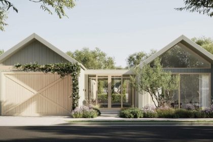 A modern new construction home next to a classic, charming existing home in an Australian suburb, with a real estate agent in the foreground.