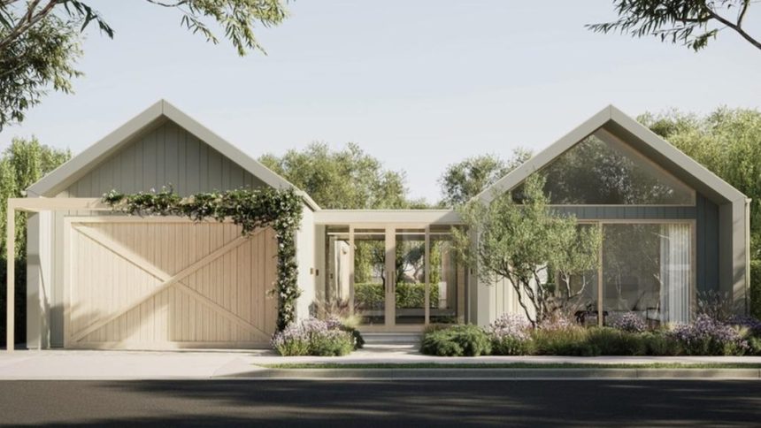 A modern new construction home next to a classic, charming existing home in an Australian suburb, with a real estate agent in the foreground.