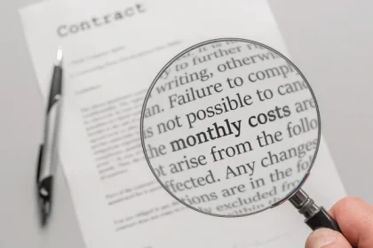 A person carefully reading a real estate contract with a magnifying glass.