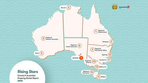 Map of Australia highlighting major real estate markets like Sydney, Melbourne, Brisbane, Perth