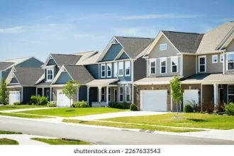 A row of suburban houses with one house faded into a shadow, representing shadow inventory